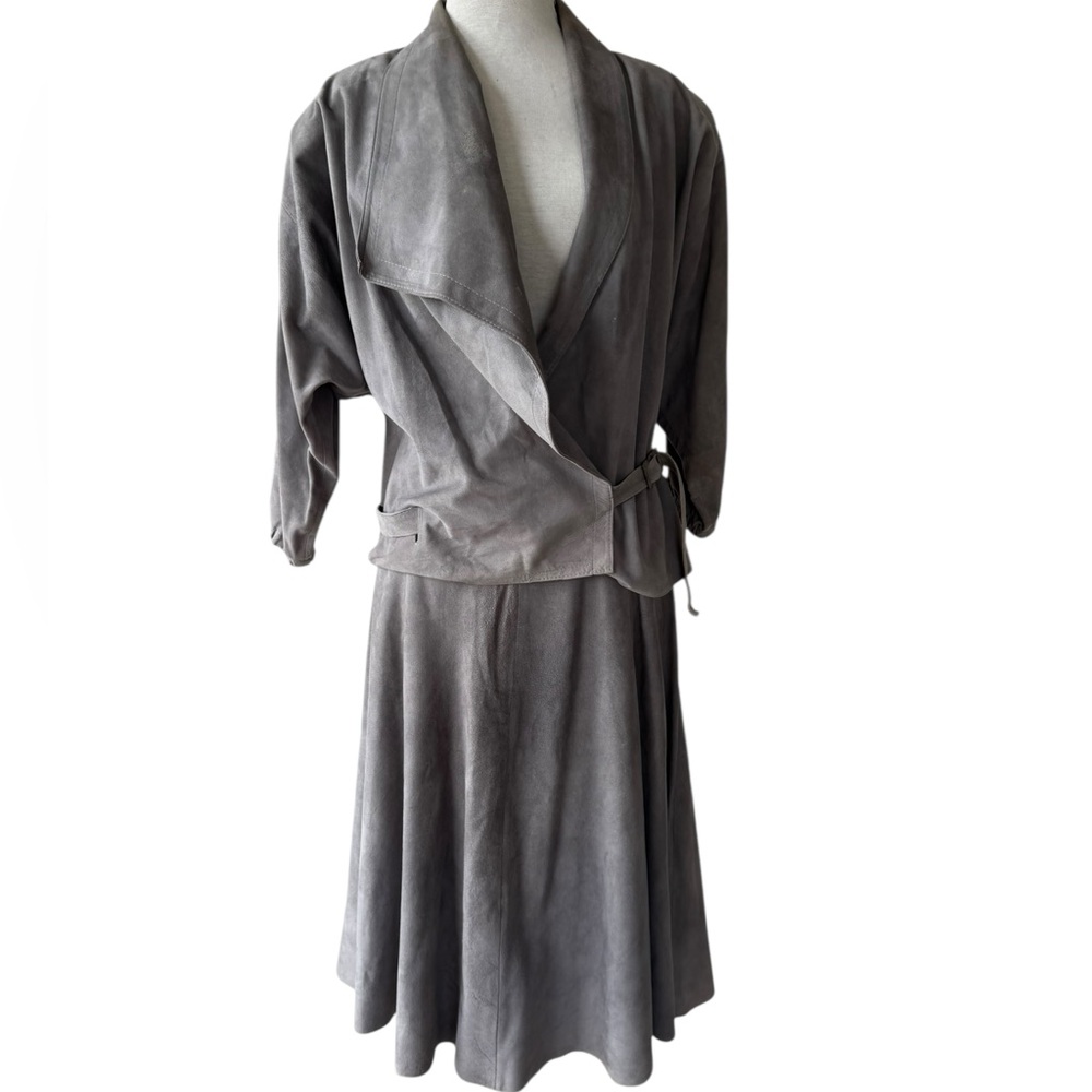 Vtg 80s Gray Suede Skirt Suit 2 Pc Wrap Top Midi M/L Buckskin Handmade Boho Rare